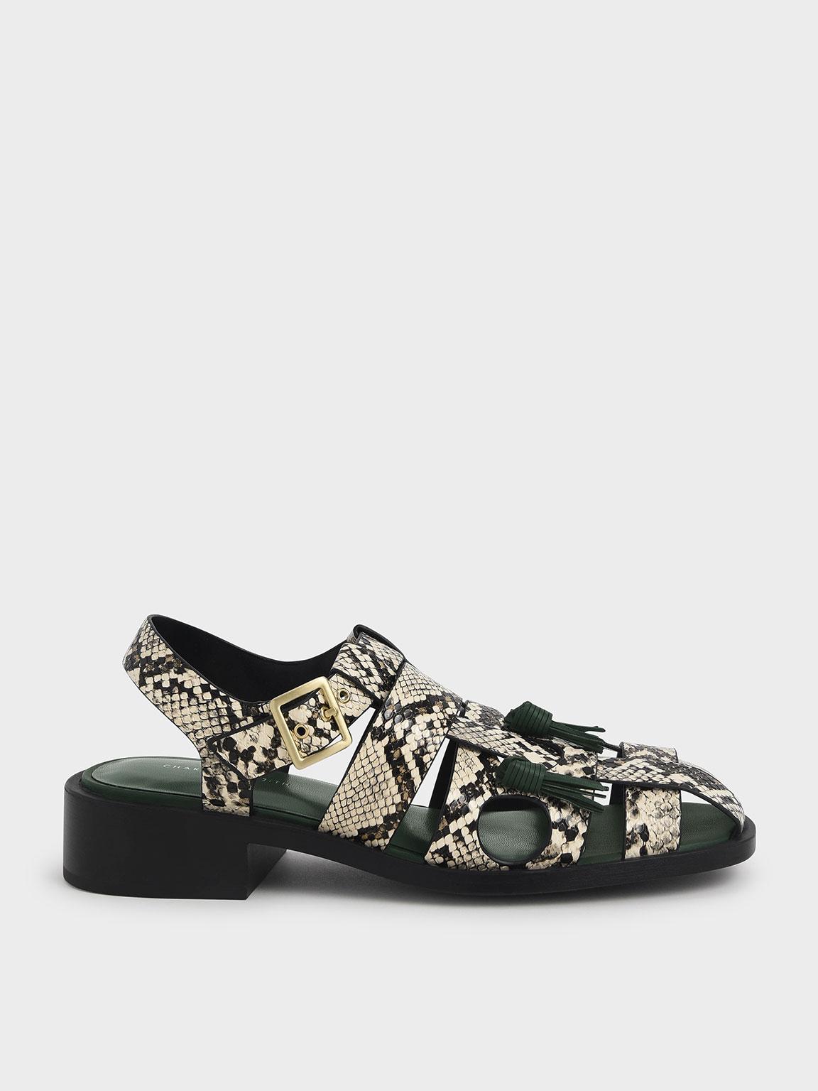 

Snake-Print Fringe Detail Caged Sandals