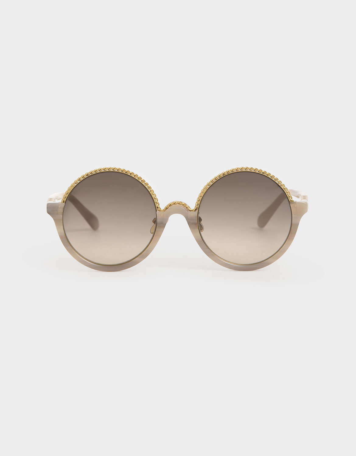 

Printed Half Frame Embellished Round Sunglasses, Cream