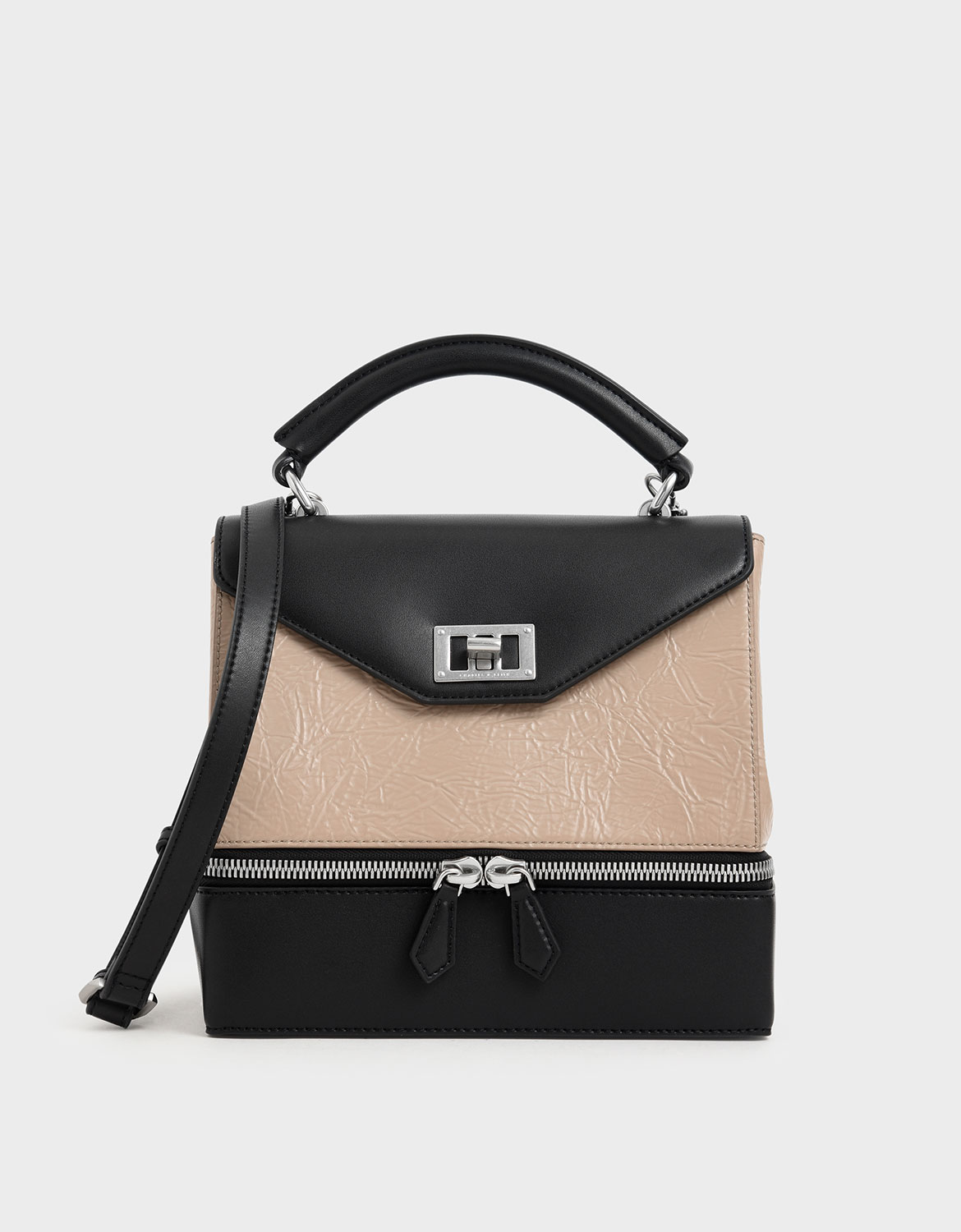 

Wrinkled Effect Two-Way Zip Top Handle Bag, Beige
